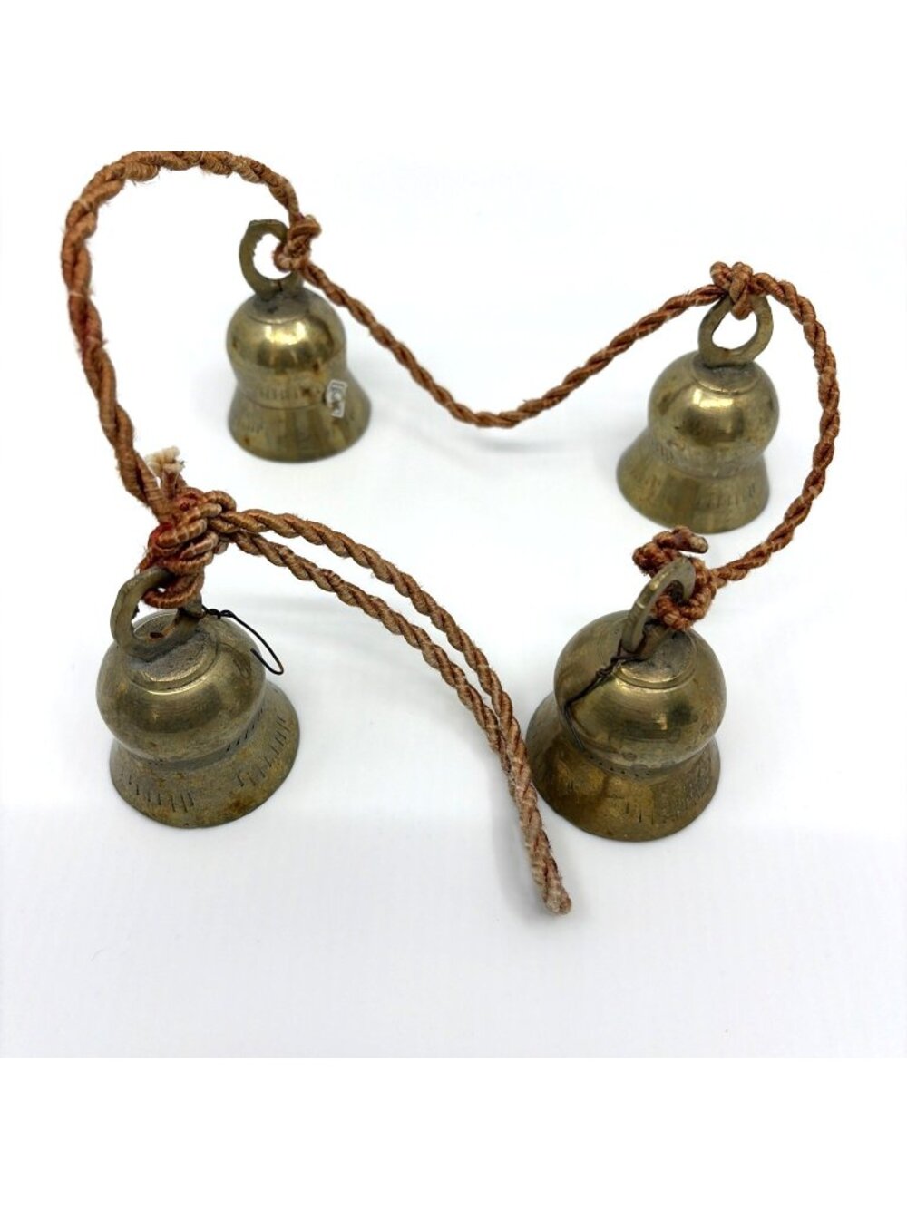 Vintage Sarna India Brass Bells Set of 4 Hanging Bell Garland Original Cord 25"